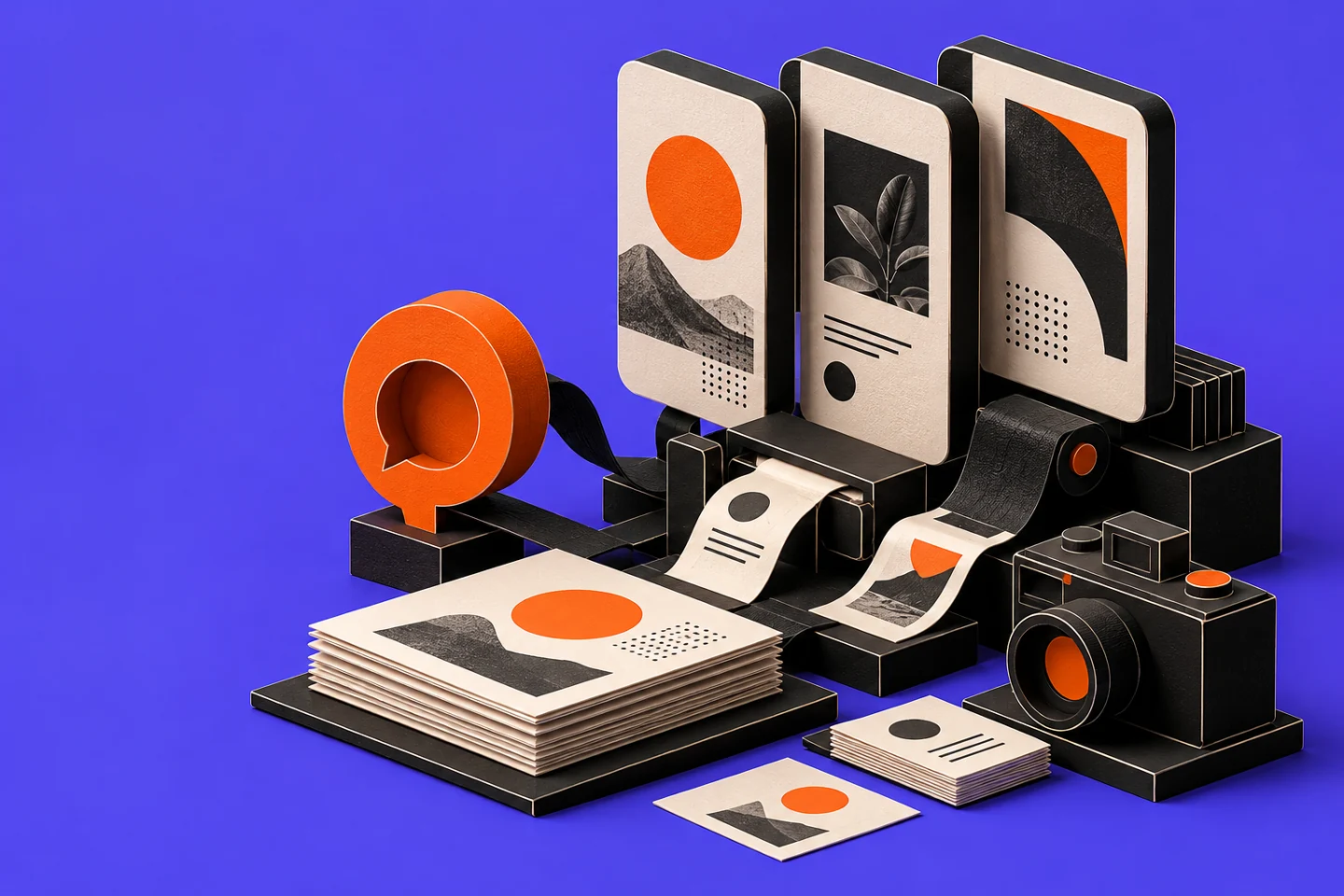 Sculptural content planning system with connected black panels, paper sheets and an orange conversation symbol
