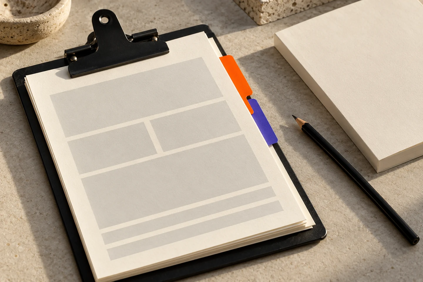 Illustrative paper worksheets, a blank workbook and coloured tabs on a studio desk
