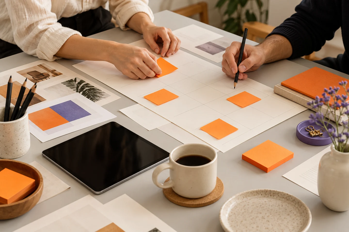 Illustrative editorial workspace with hands arranging paper calendars and orange notes